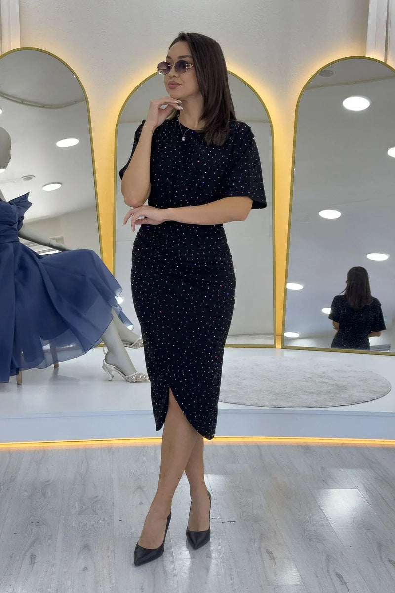 Women's Black Crystal Embellished Batwing Sleeve Anvelop Dress