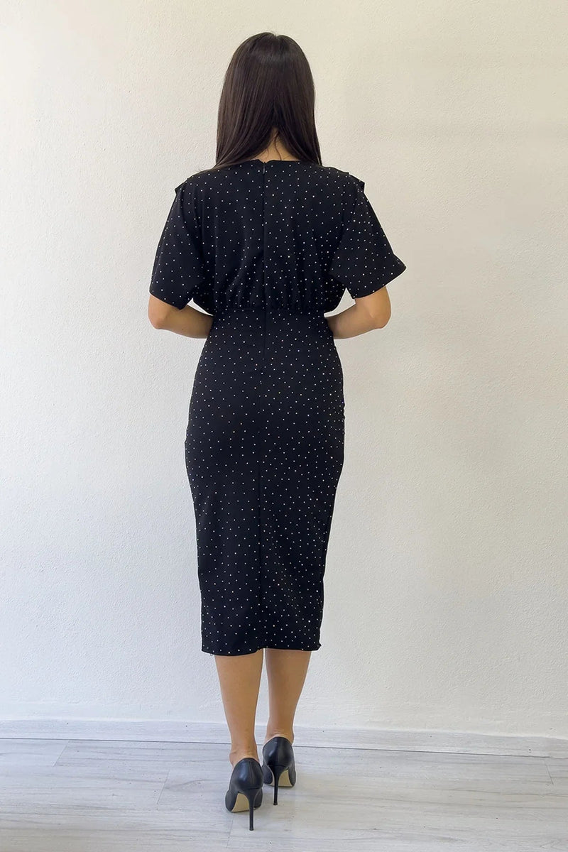 Women's Black Crystal Embellished Batwing Sleeve Anvelop Dress