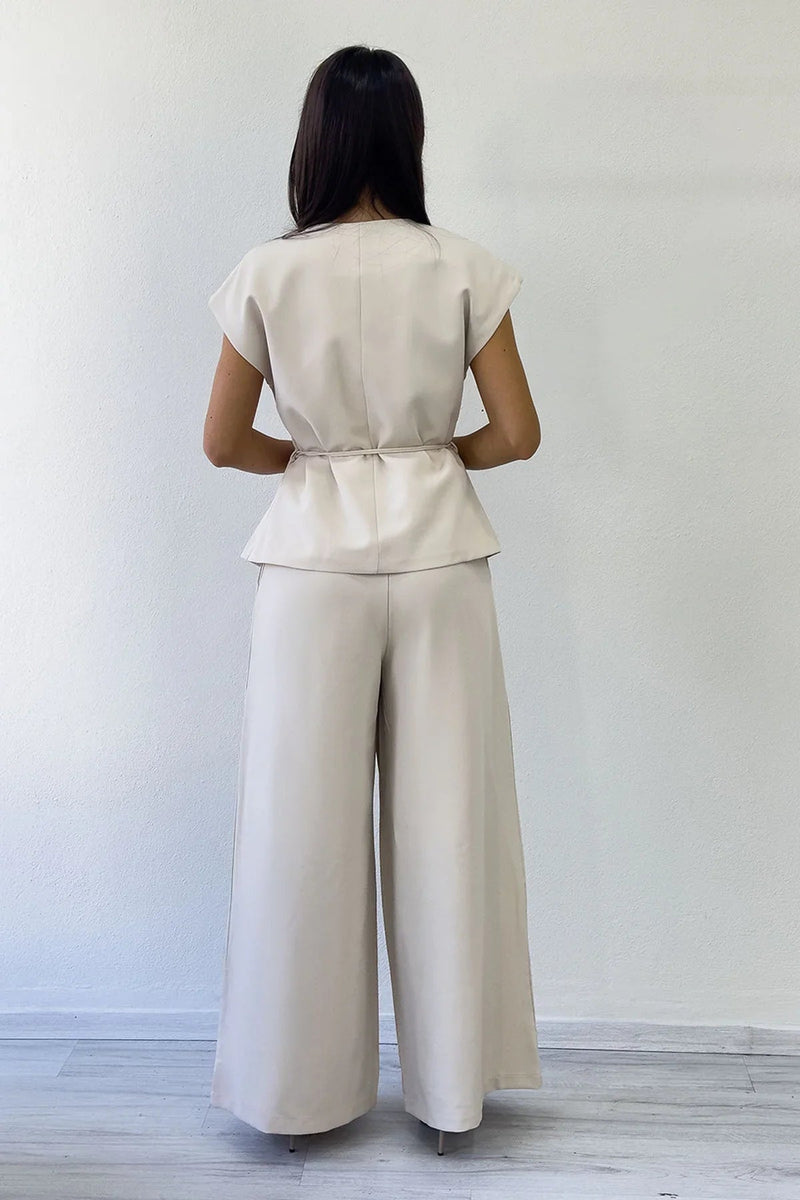 Women's Krem Bol Paça Dökümlü Tie Vest Pants Two-Piece Set