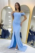 Baby Blue Off-Shoulder Evening Dress with Slit