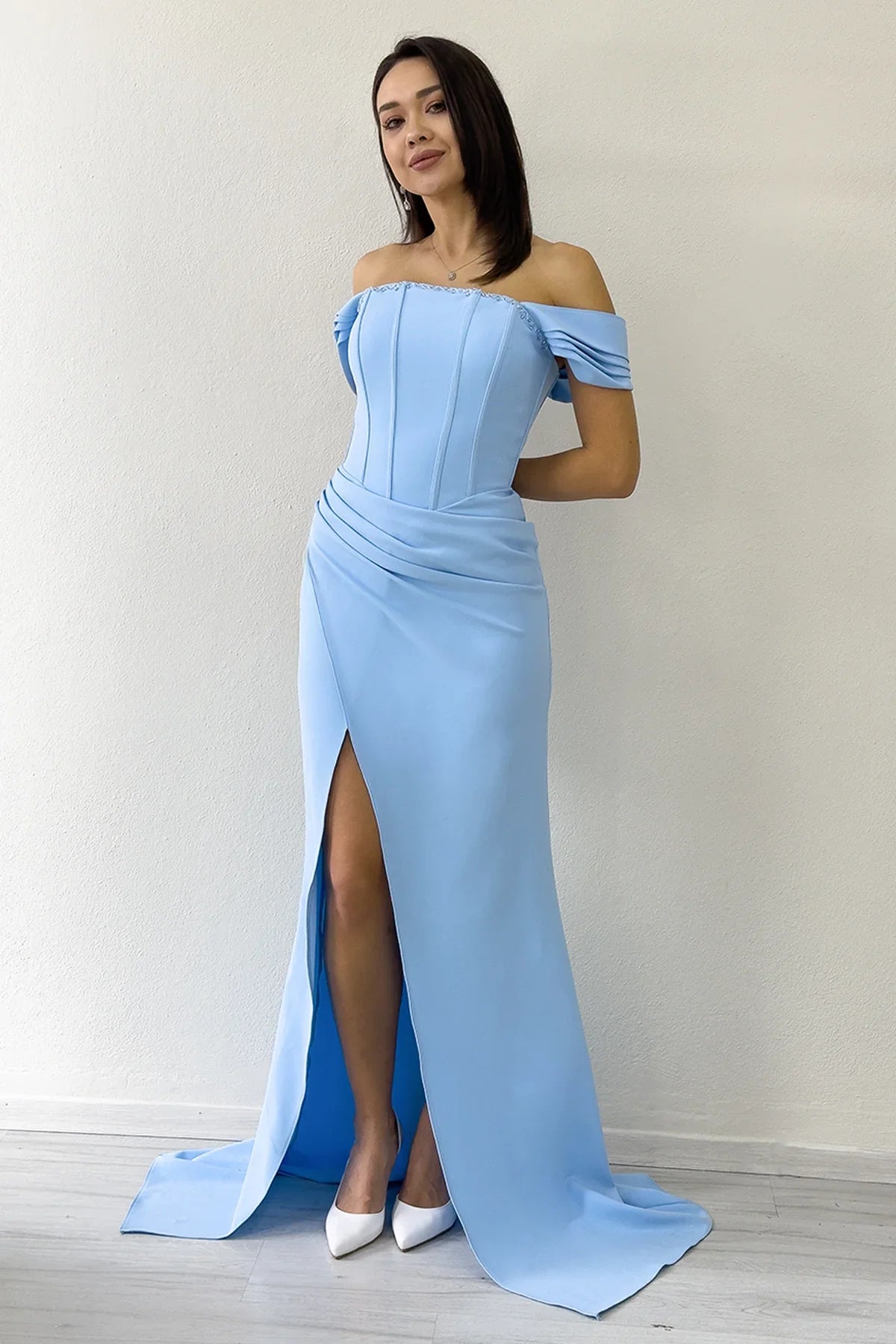 Women's Baby Blue Off-Shoulder Corset Detail Draped Evening Gown
