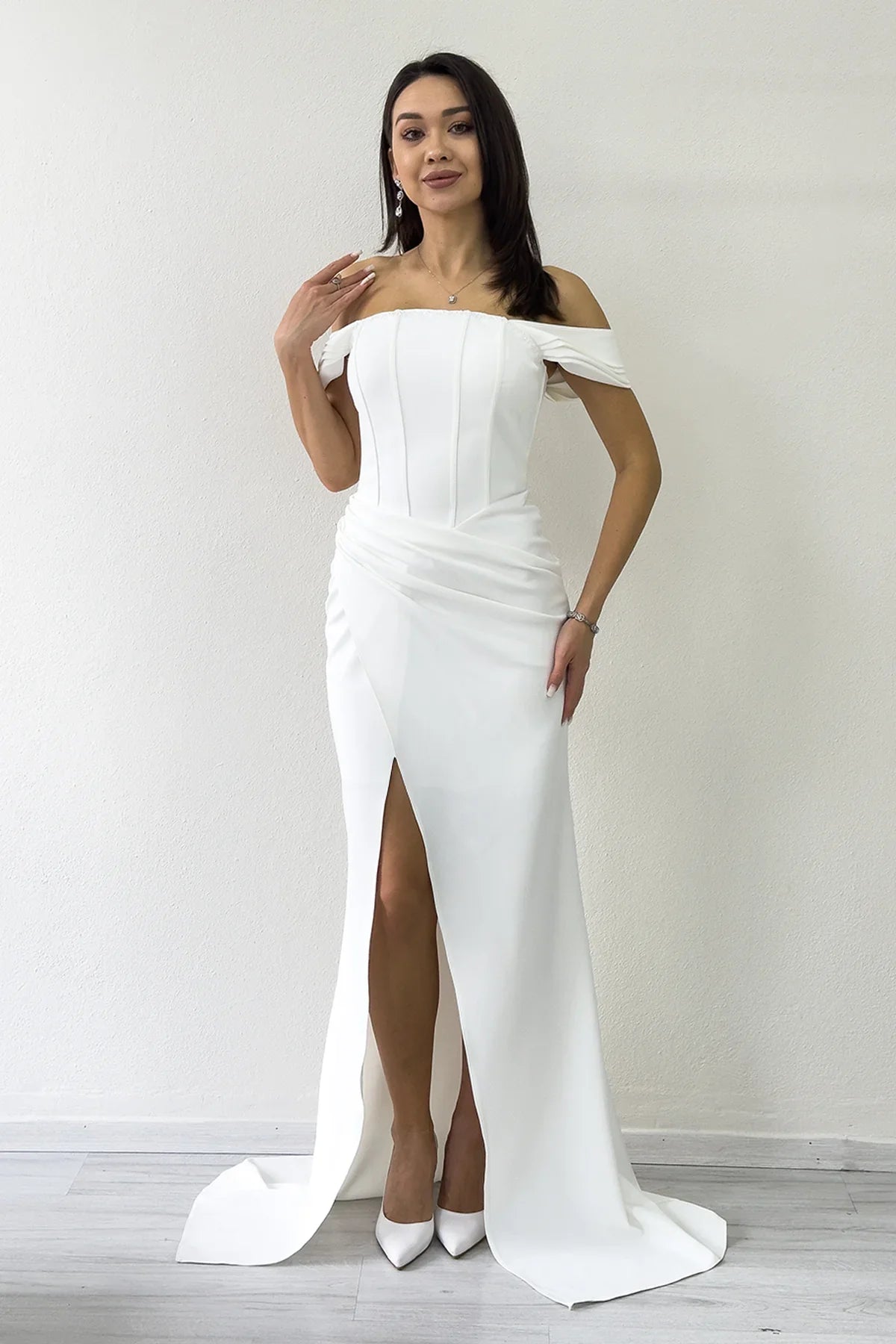 Women's White Off-Shoulder Corset Detail Draped Nikah Evening Gown