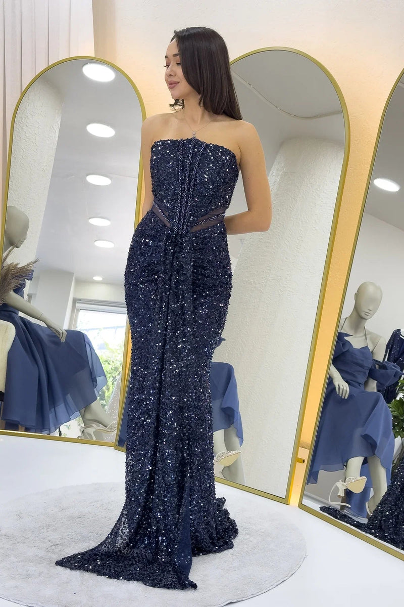 Women's Navy Blue Strapless Bel Decollete Sequin Evening Gown