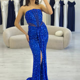 saxeblaues trägerloses Pailletten-Abendkleid