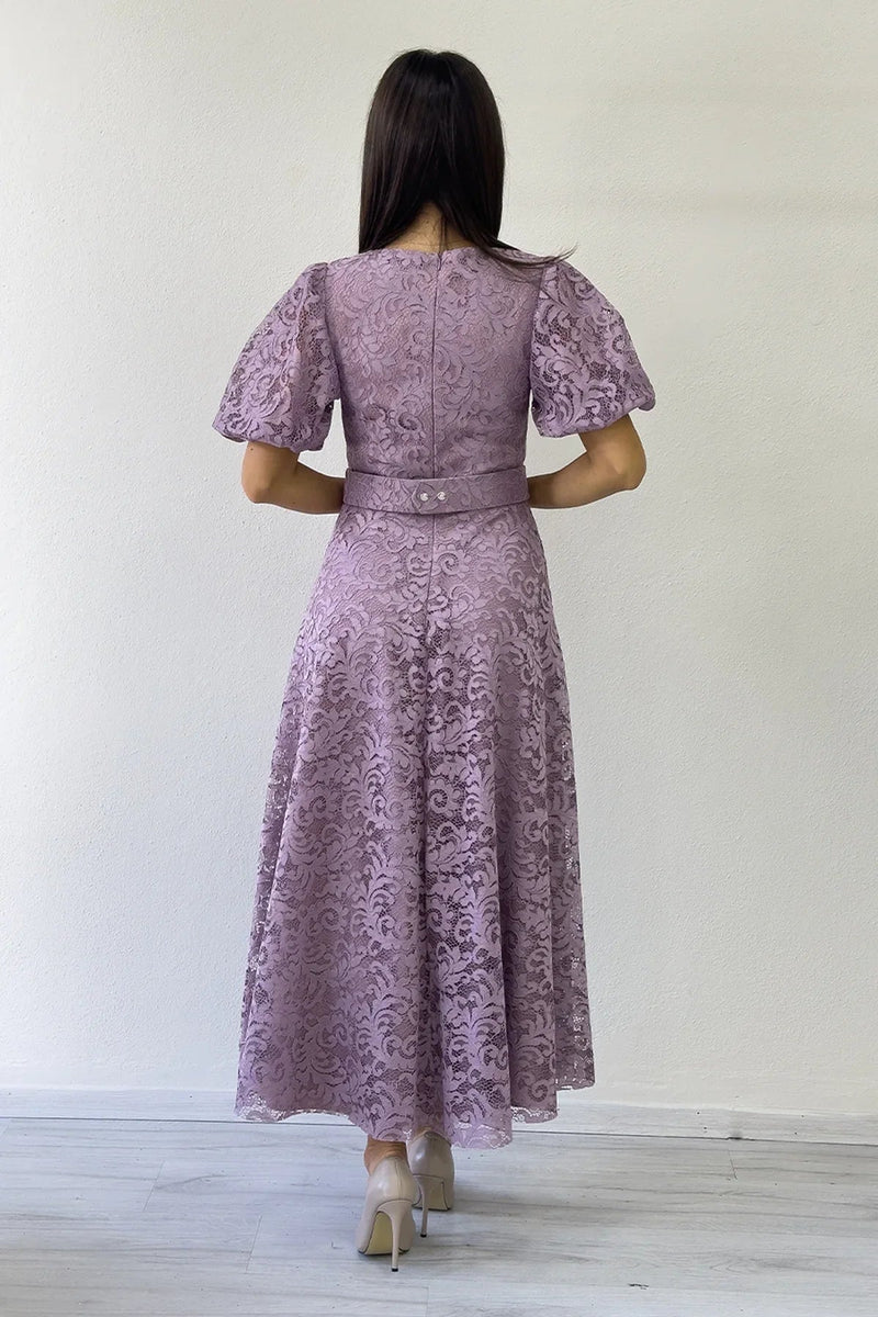 Women's Dusty Rose Balloon Sleeve Maxi Belted Lace Dress