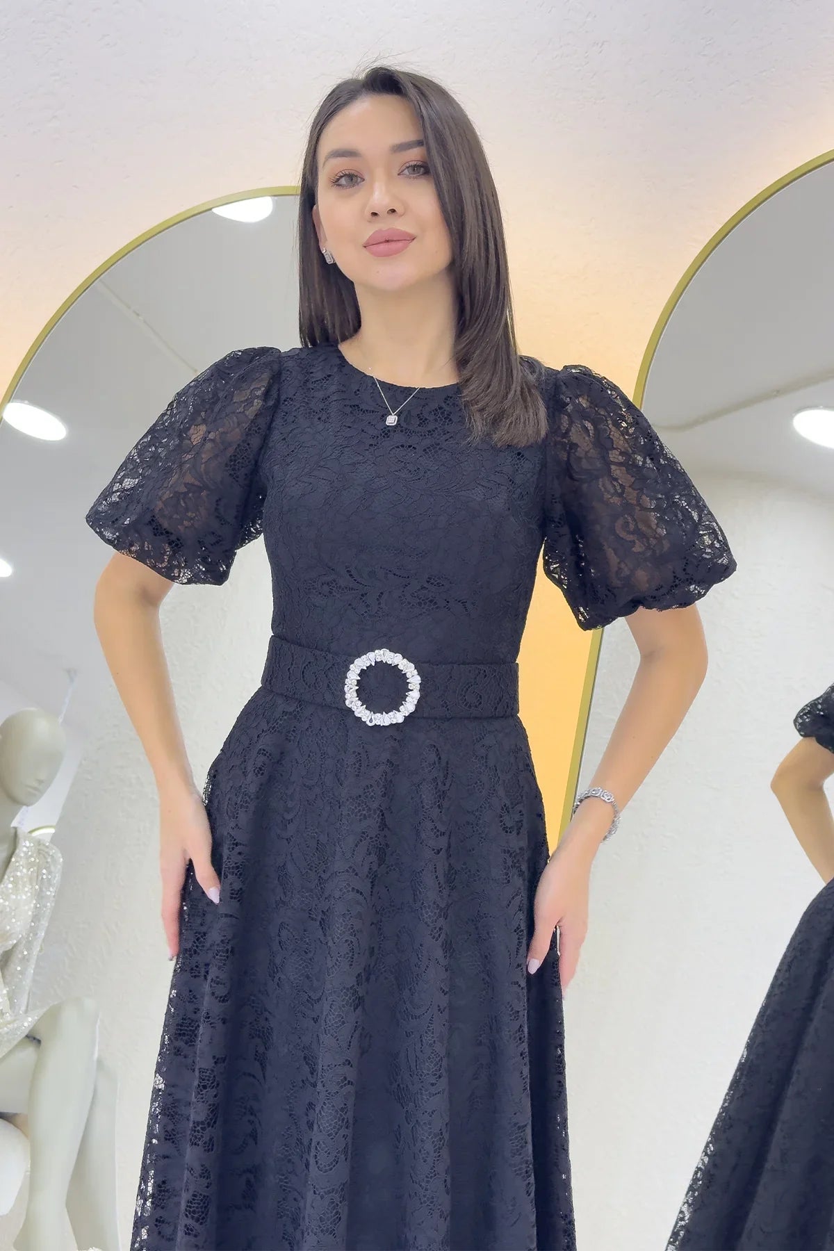 Women's Black Balloon Sleeve Maxi Belted Lace Dress