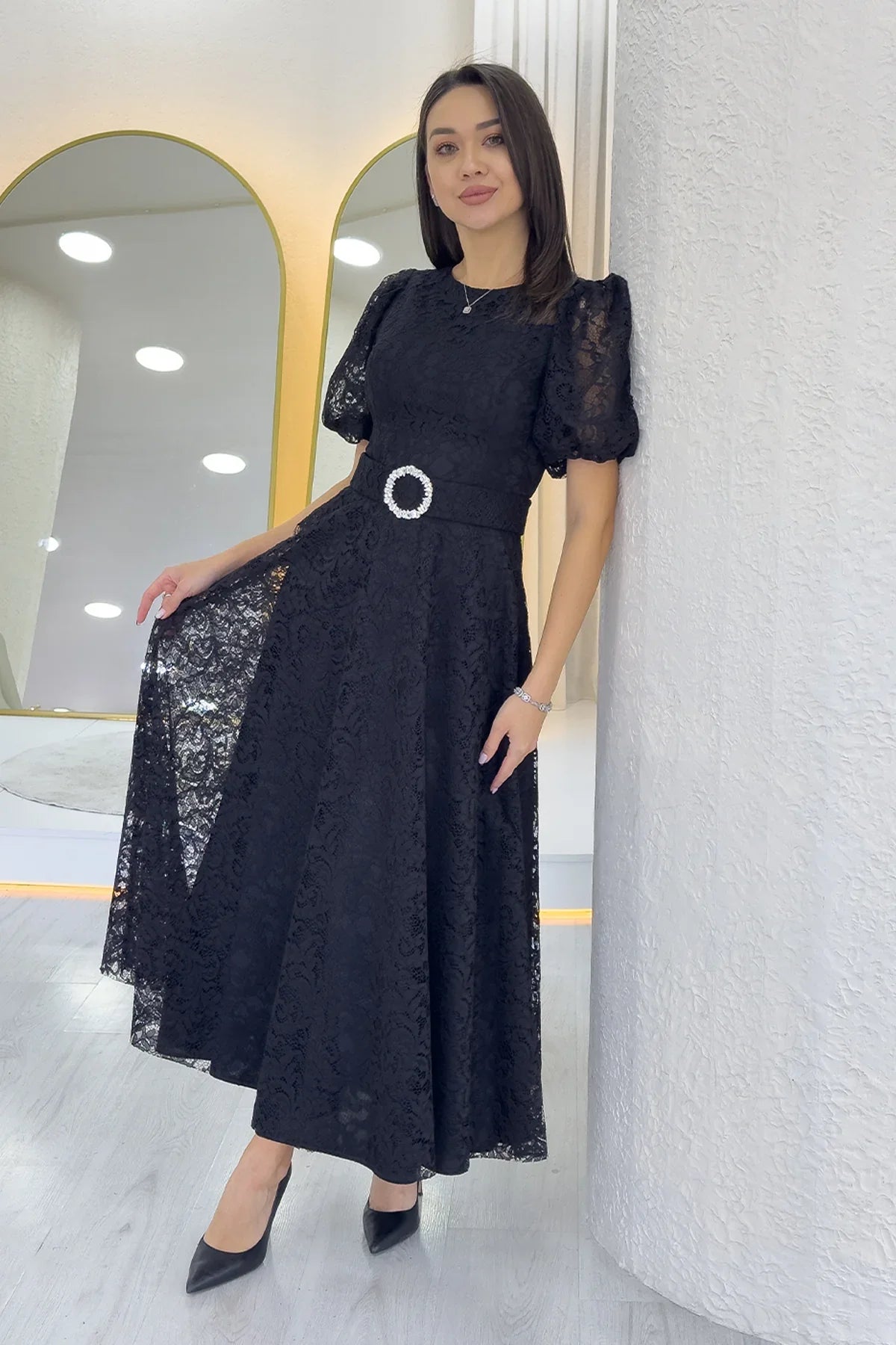 Women's Black Balloon Sleeve Maxi Belted Lace Dress