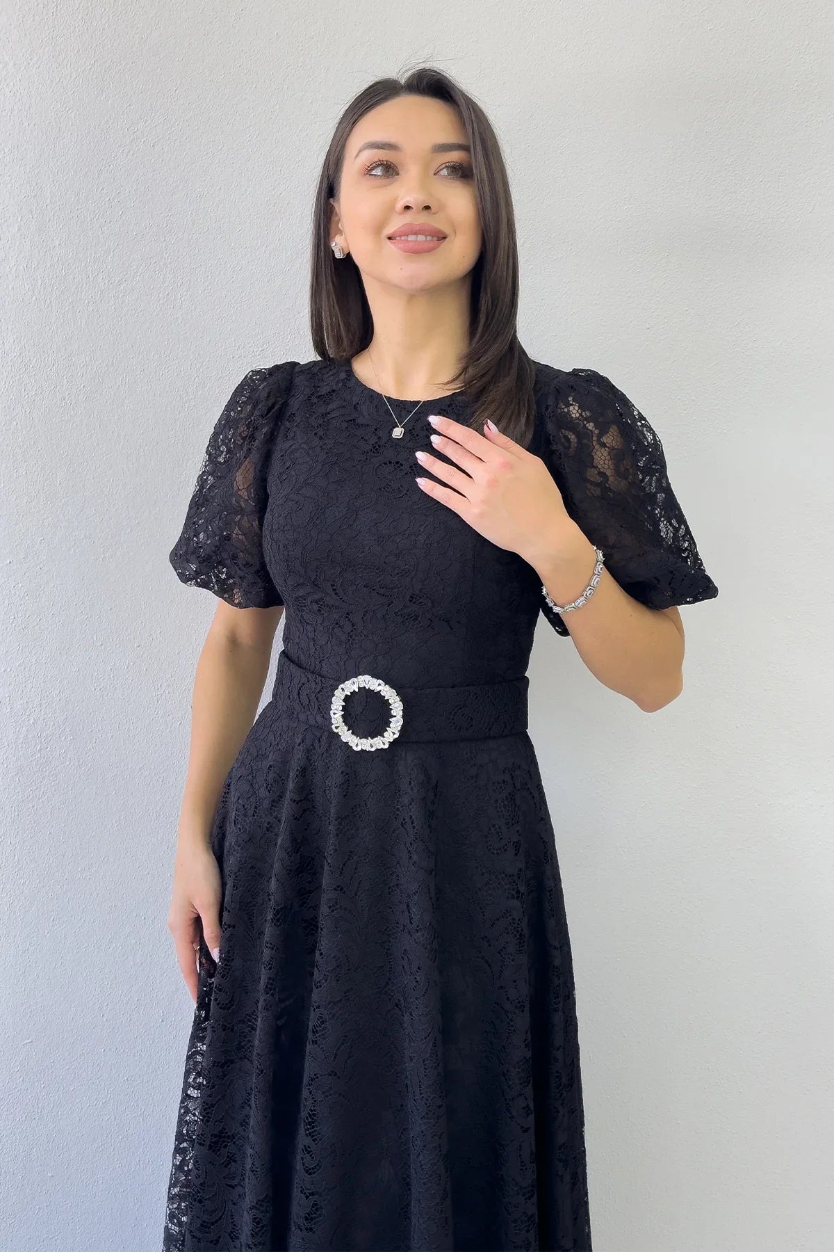 Women's Black Balloon Sleeve Maxi Belted Lace Dress