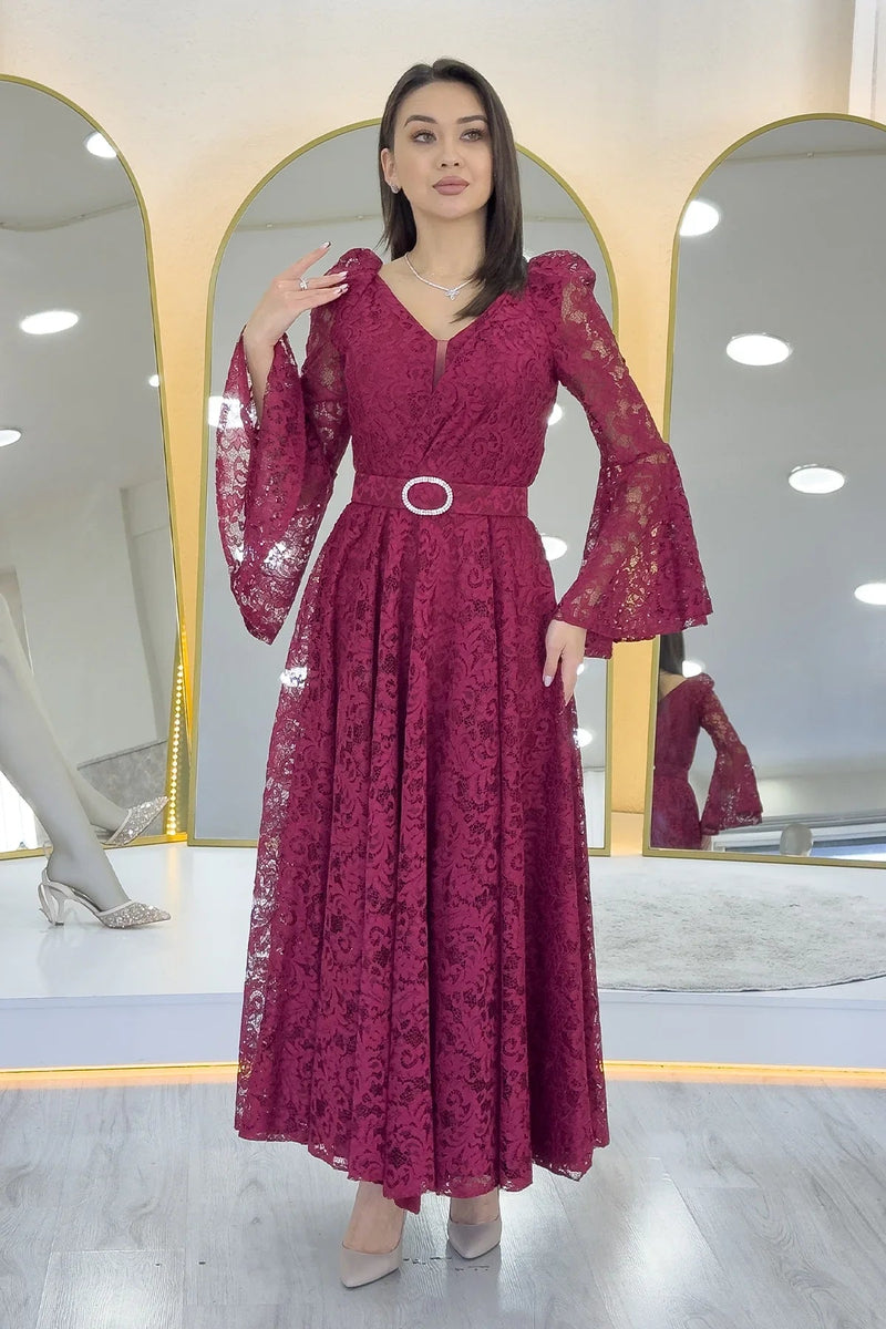 Women's Burgundy Wrap Neck Kemer Detail Laceli Long Sleeve Midi Dress