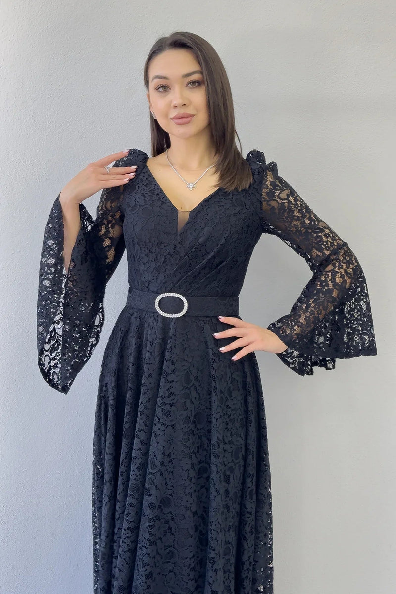Women's Black Wrap Neck Kemer Detail Laceli Long Sleeve Midi Dress