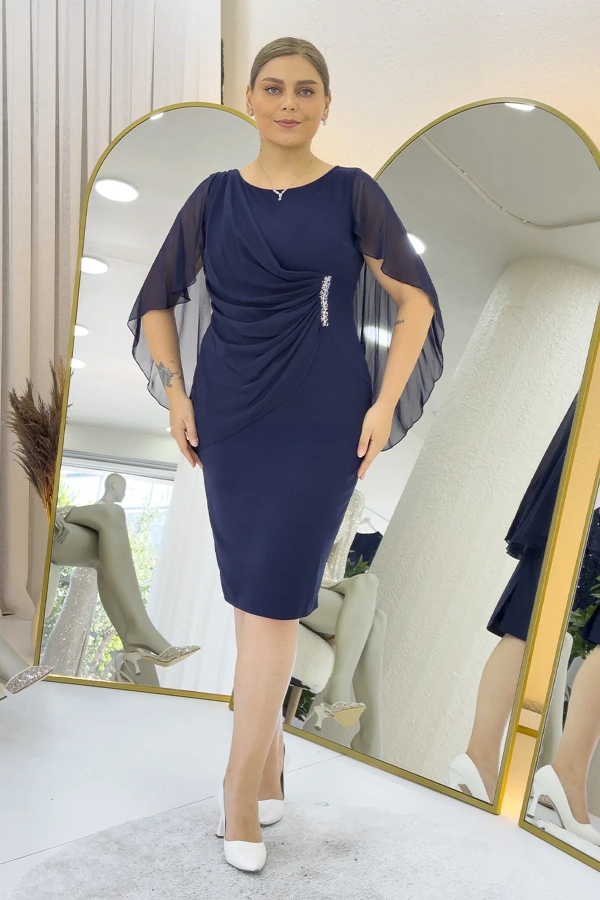 Women's Navy Blue Plus Size Midi Chiffon Pelerinli Evening Gown