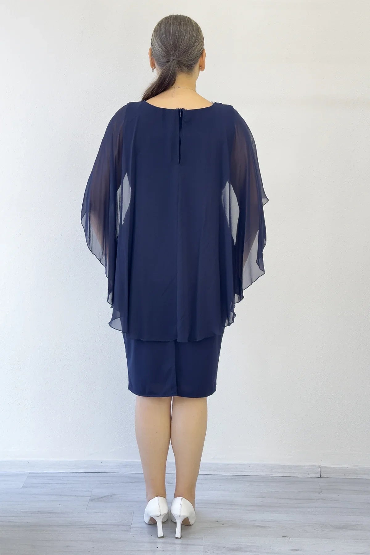 Women's Navy Blue Plus Size Midi Chiffon Pelerinli Evening Gown