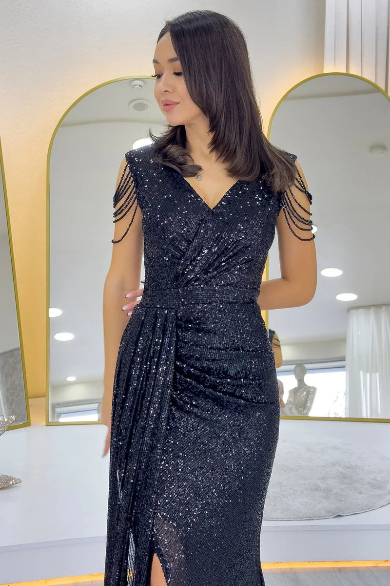 Women's Black Wrap Neck Omuz Detail Sequin Plus Size Evening Gown