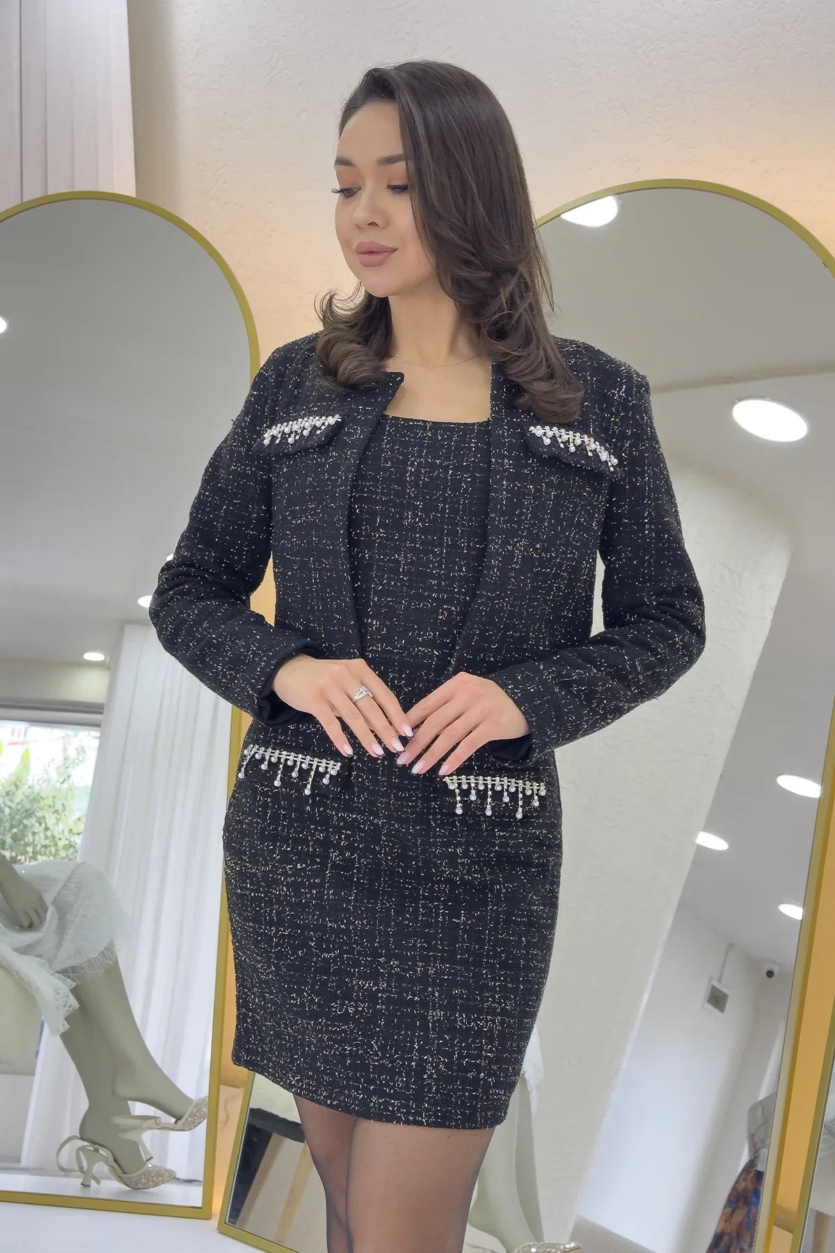 Women's Black Crystal Embellished Jacket Dress Tweed Two-Piece Set