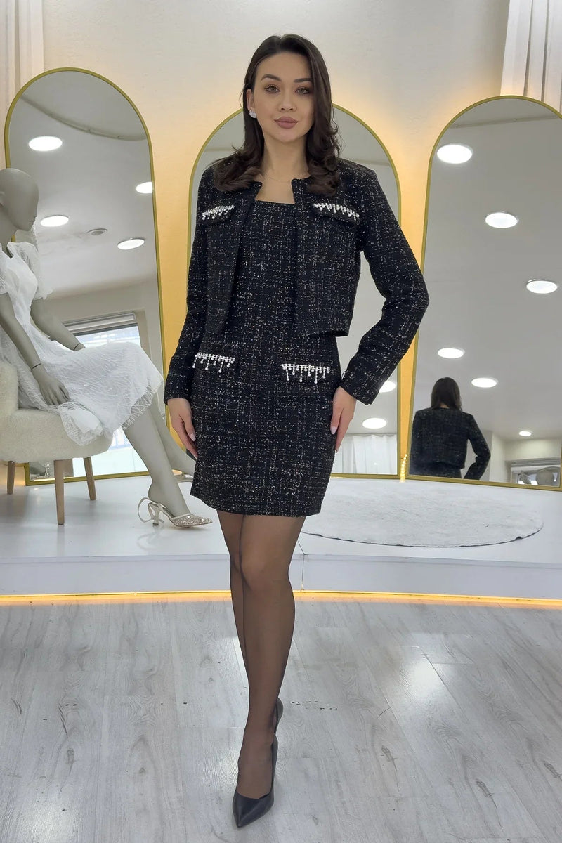 Women's Black Crystal Embellished Jacket Dress Tweed Two-Piece Set