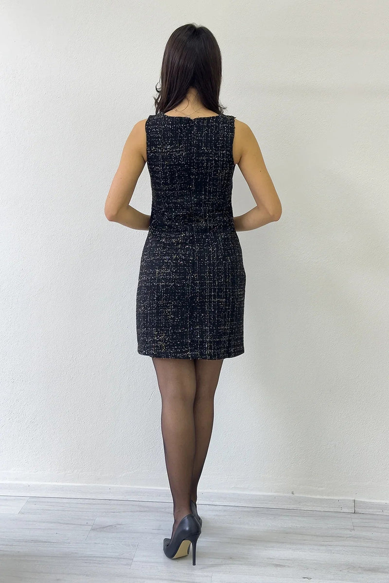 Women's Black Crystal Embellished Jacket Dress Tweed Two-Piece Set