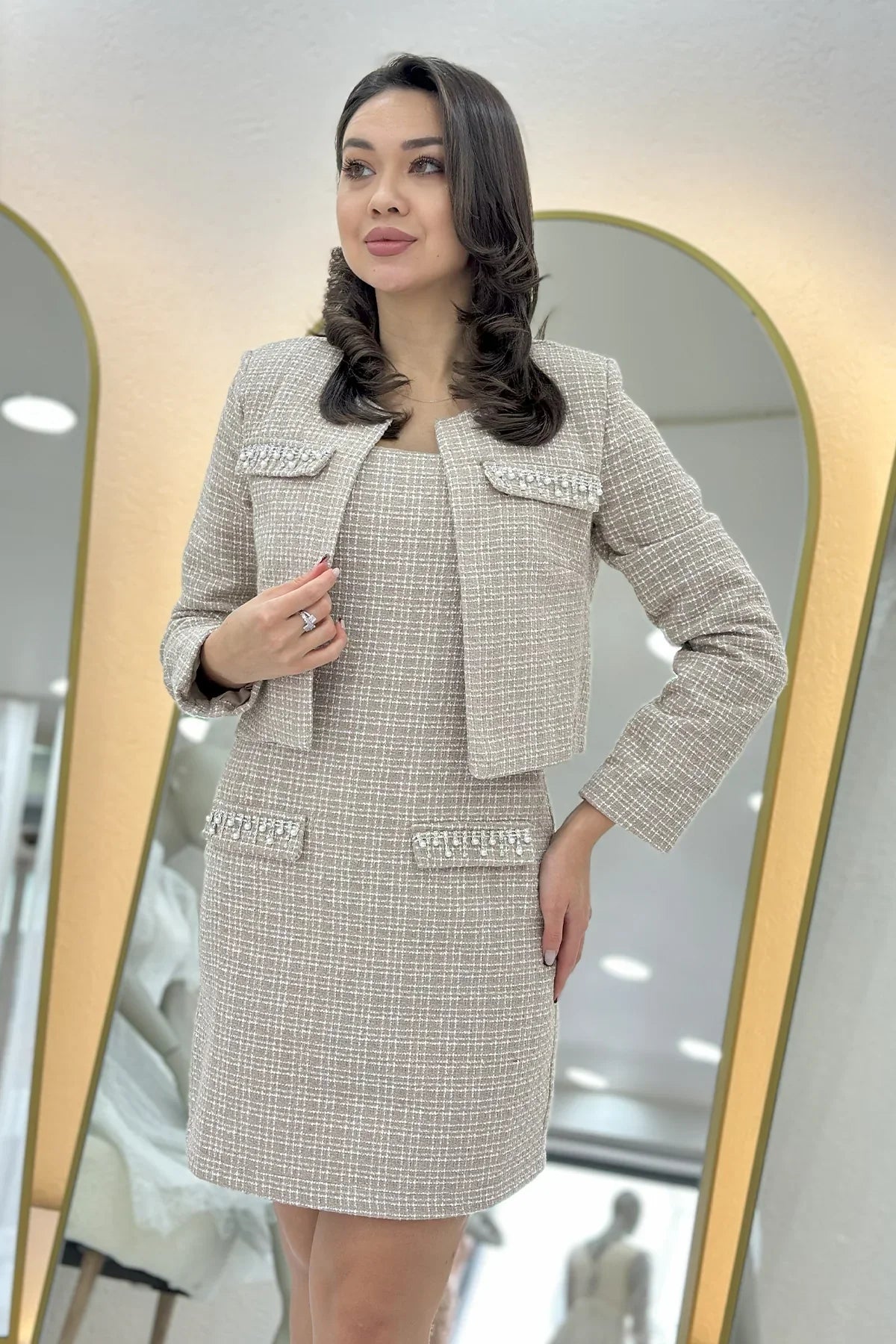 Women's Mink Crystal Embellished Jacket Dress Tweed Two-Piece Set