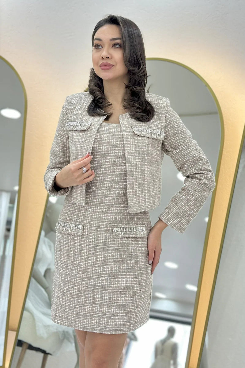 Women's Mink Crystal Embellished Jacket Dress Tweed Two-Piece Set