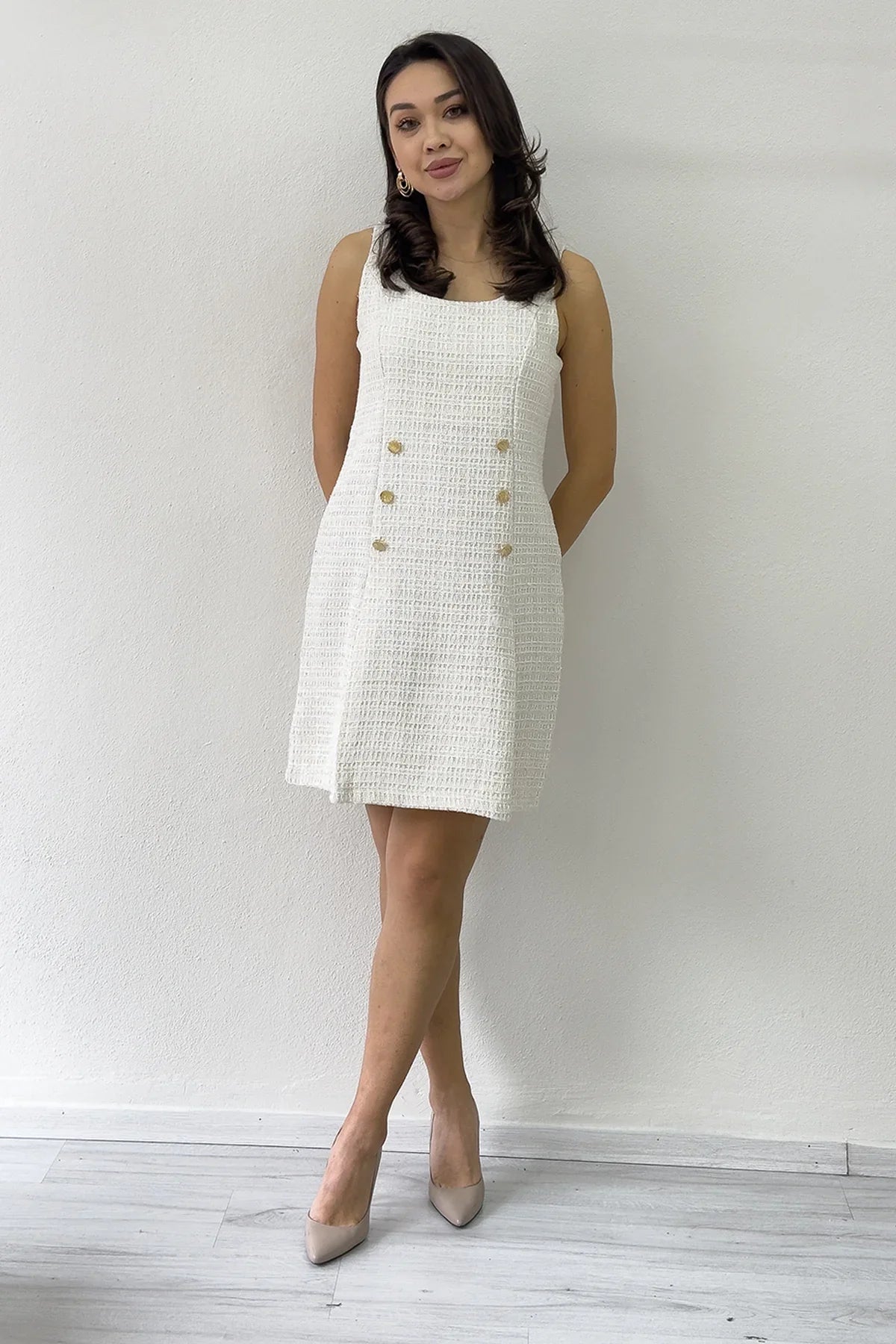 Women's Ecru Düğme Detail Jacket Dress Two-Piece Set