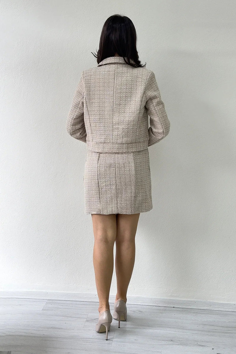 Women's Mink Düğme Detail Jacket Dress Tweed Two-Piece Set