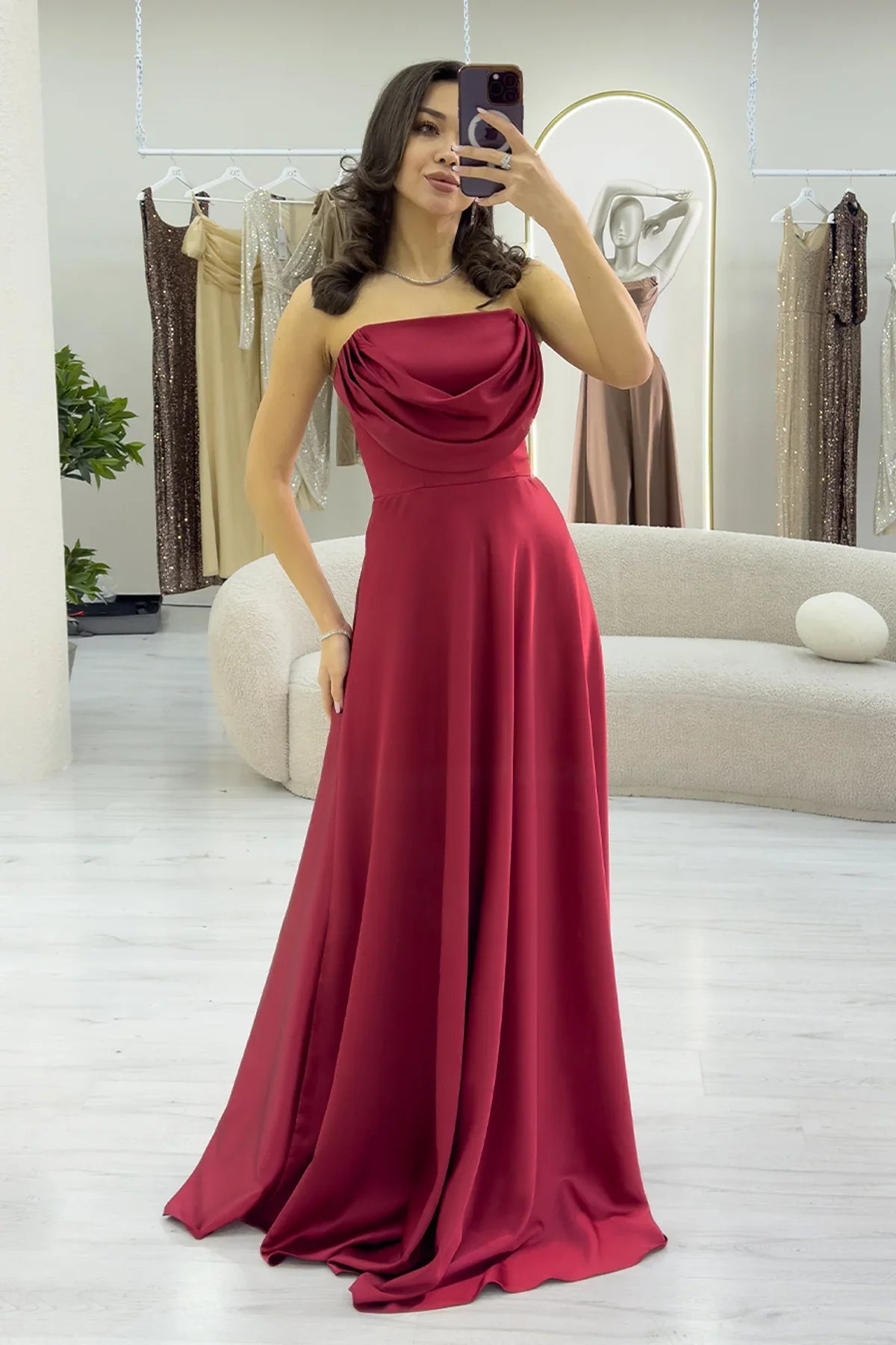 Women's Burgundy Strapless Satin Long Evening Gown