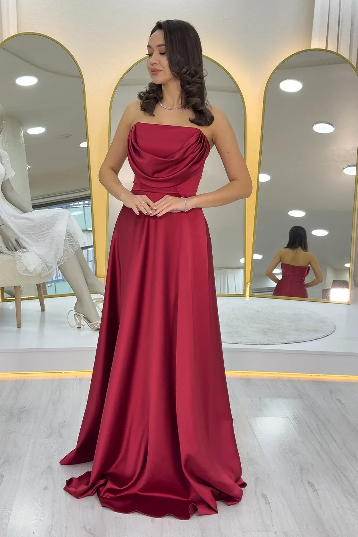 Women's Burgundy Strapless Satin Long Evening Gown