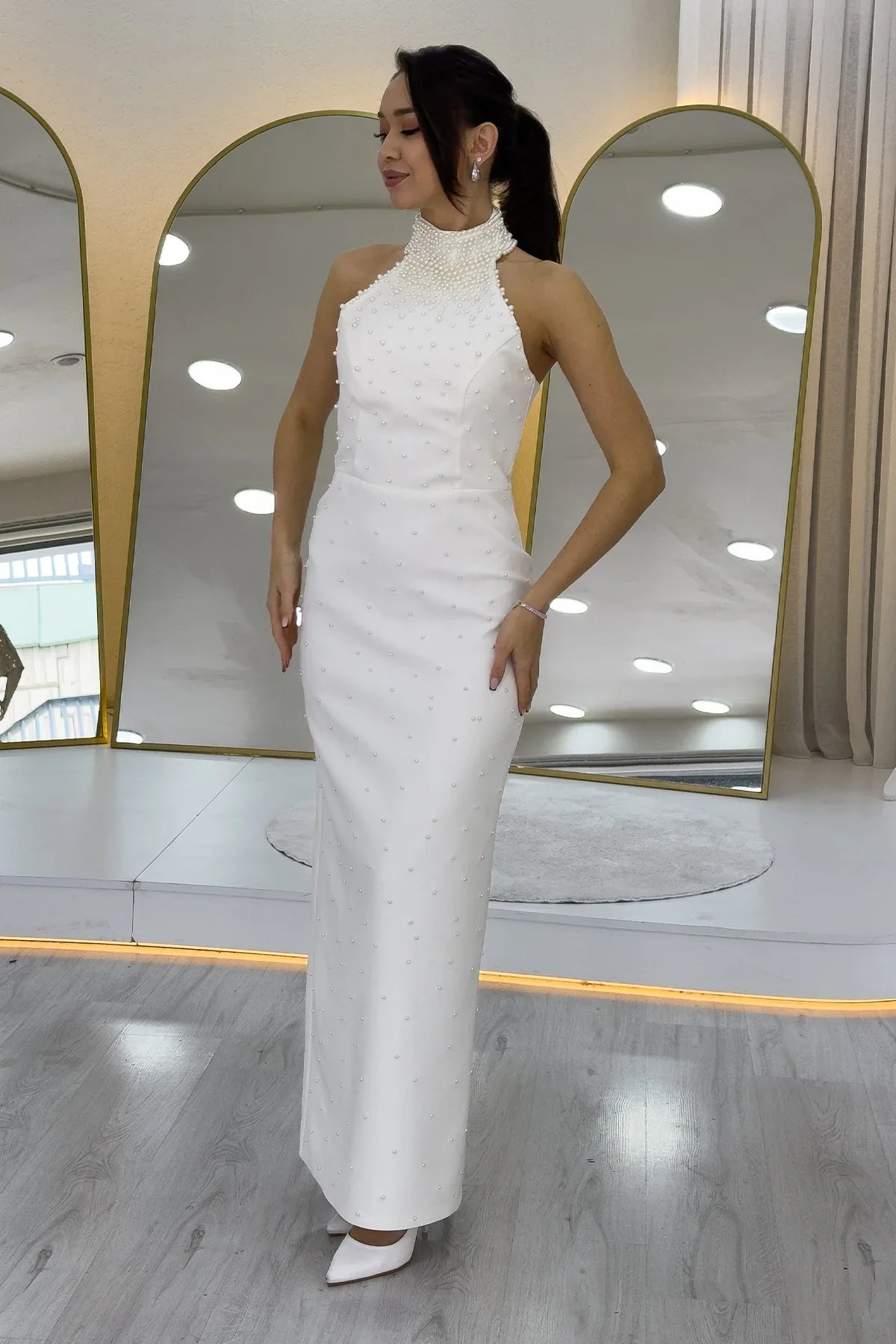 Women's White Pearl Halter Neck Nikah Evening Gown