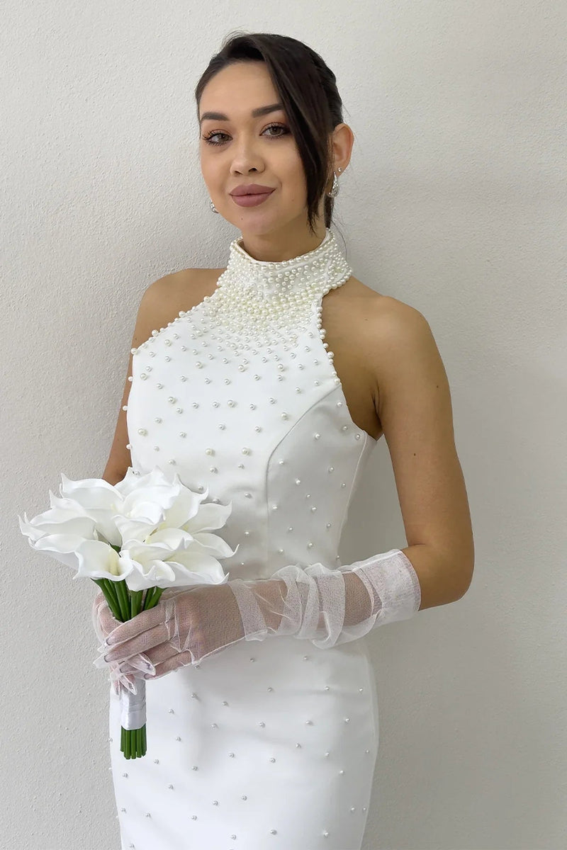 Women's White Pearl Halter Neck Nikah Evening Gown