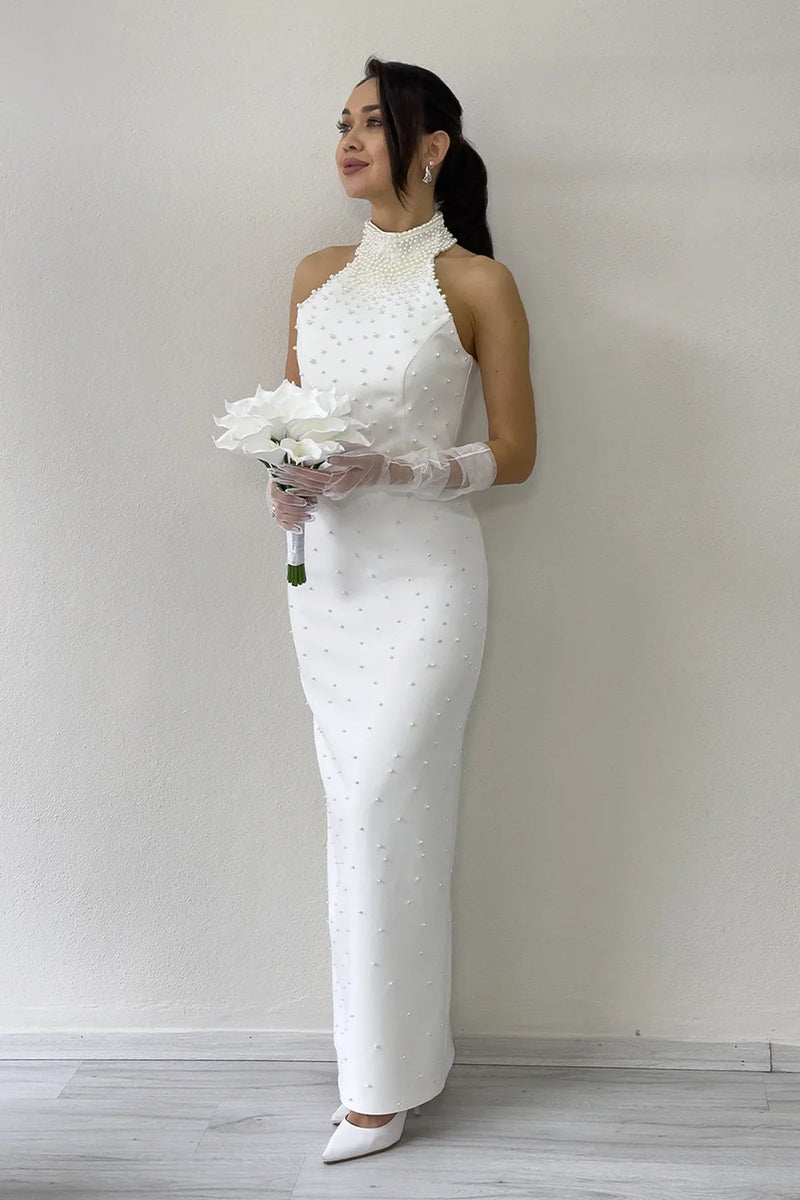 Women's White Pearl Halter Neck Nikah Evening Gown