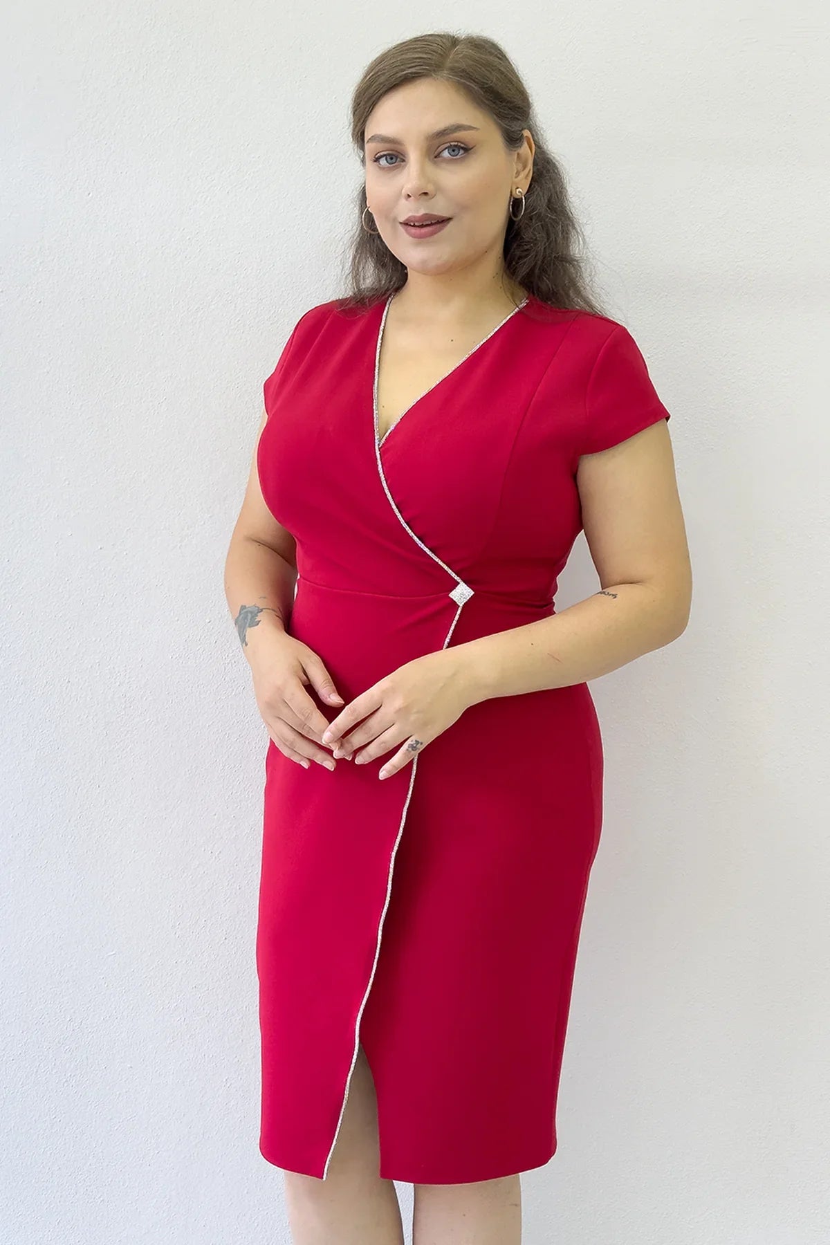 Women's Red Wrap Neck Midi Plus Size Dress
