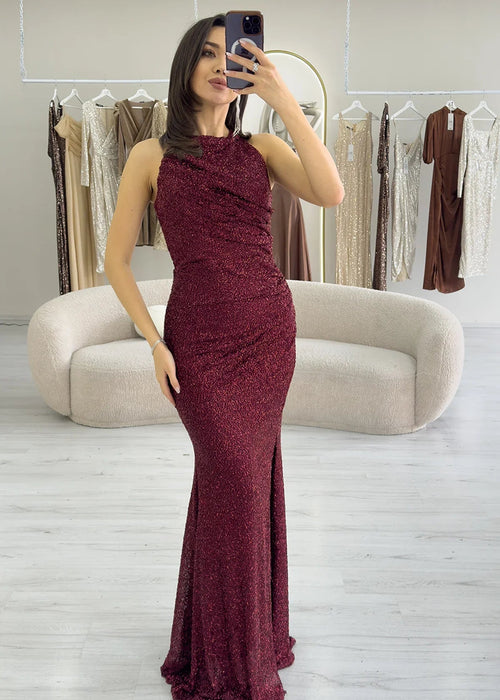 Burgundy Halter Neck Glitter Evening Dress