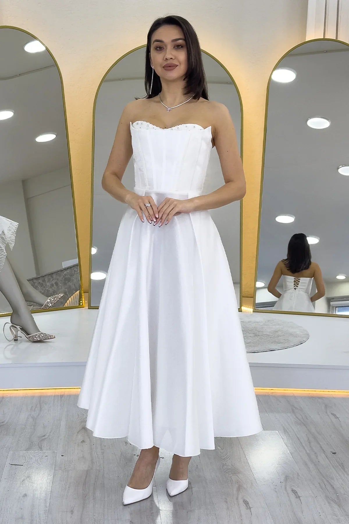 Women's White Beaded Strapless Corset Görünümlü Midi Prenses Nikah Evening Gown