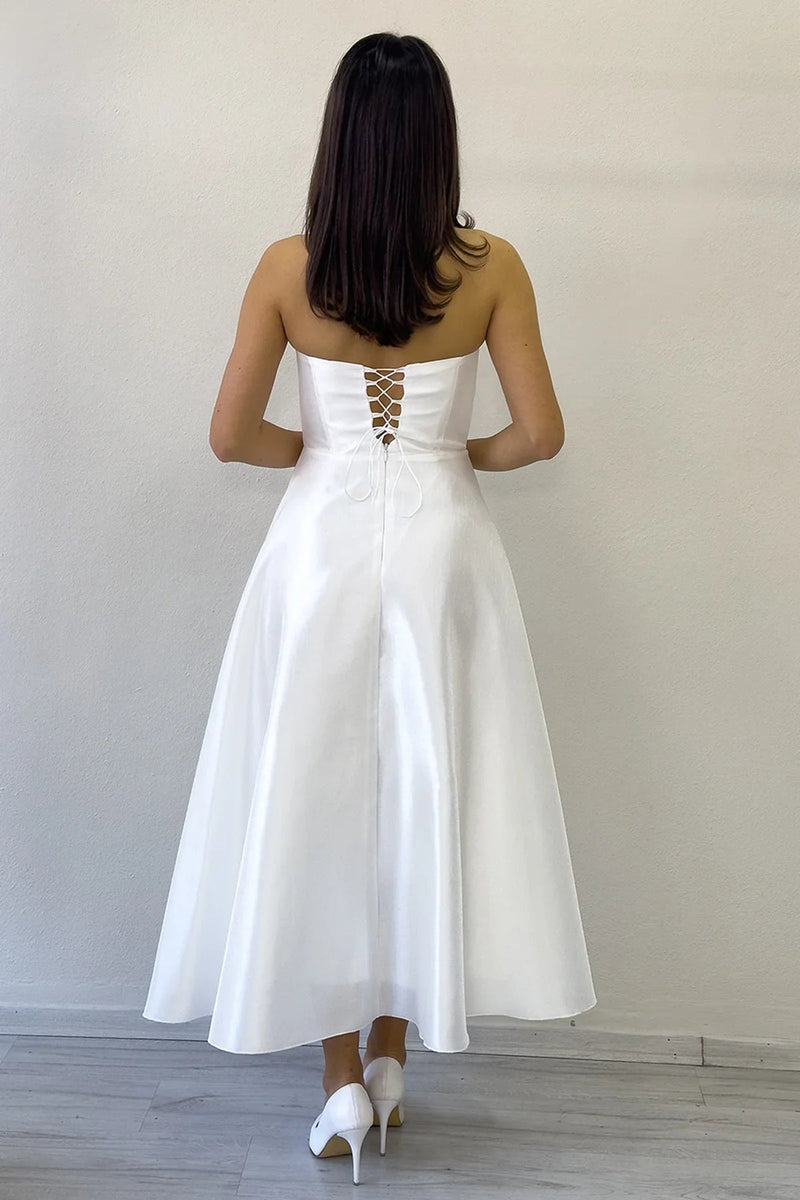 Women's White Beaded Strapless Corset Görünümlü Midi Prenses Nikah Evening Gown