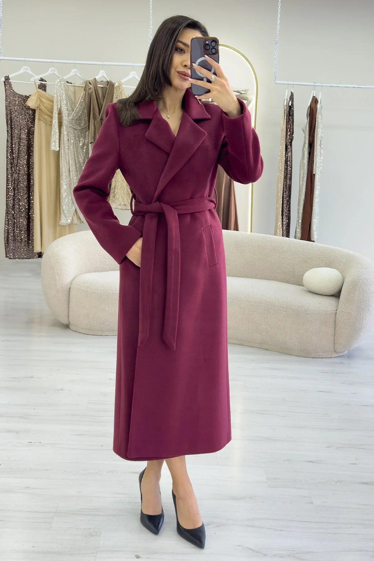 Women's Burgundy Lined Belted Wool Blend Coat