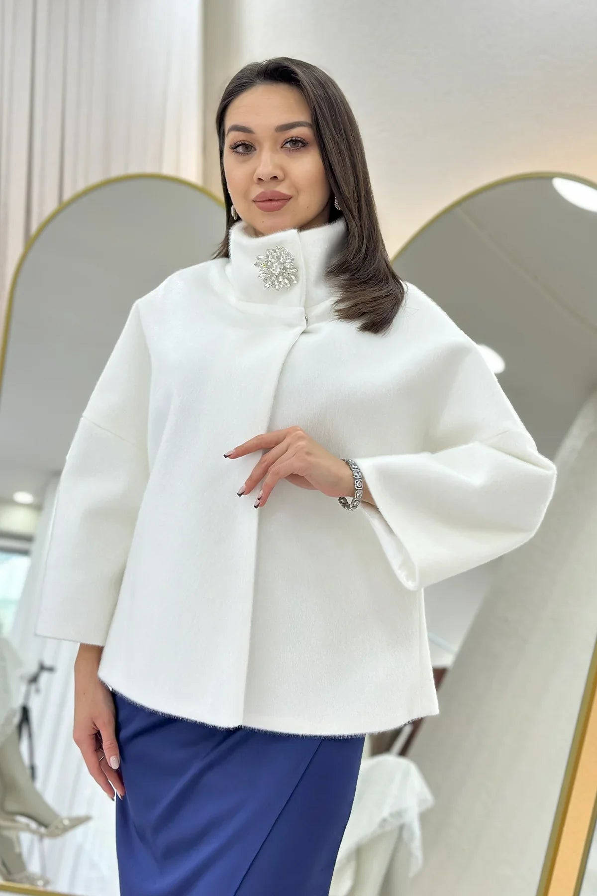 Women's White High Neck Crystal Embellished Evening Gown Fur Coat