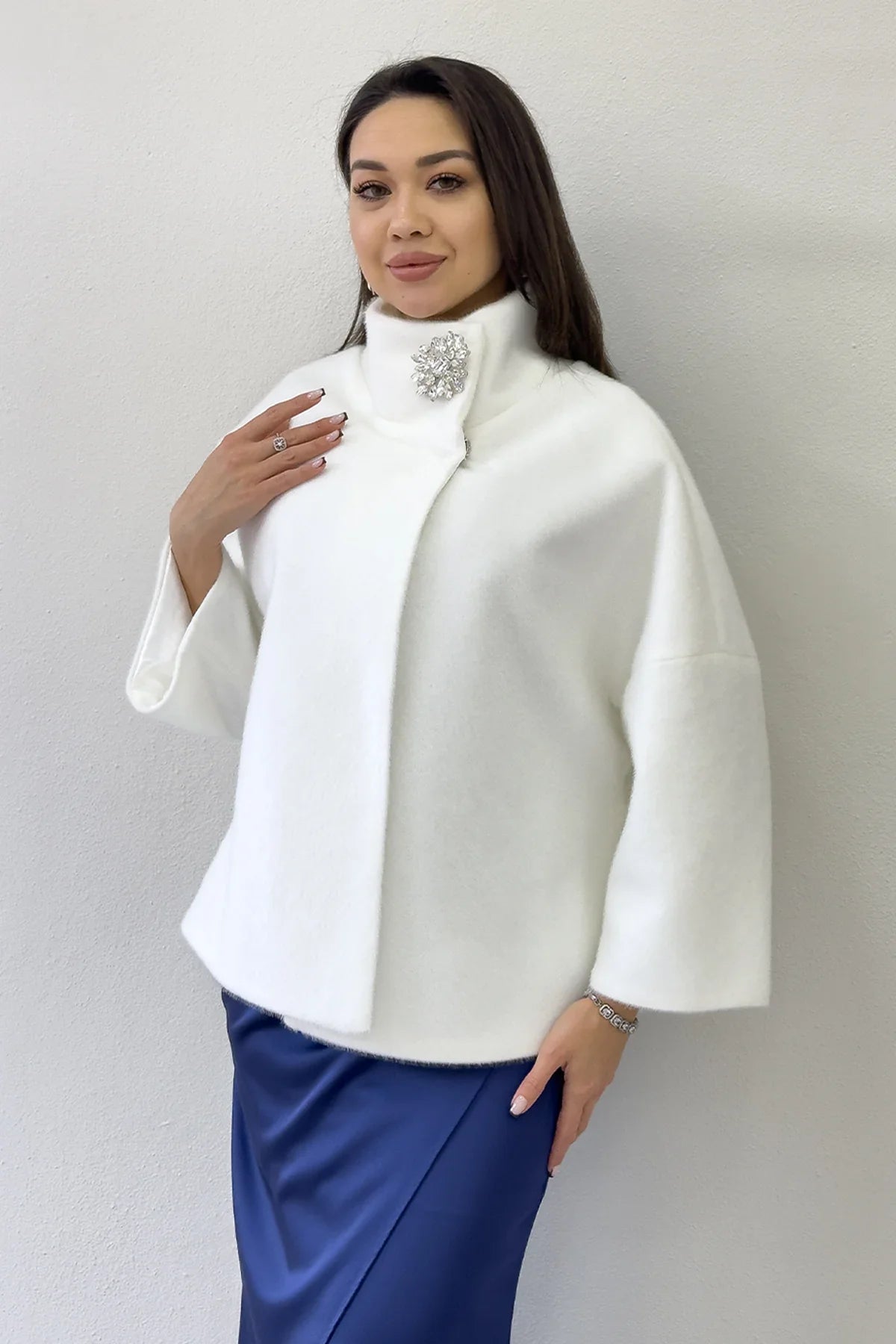 Women's White High Neck Crystal Embellished Evening Gown Fur Coat