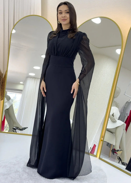 Black Designer Long-Sleeve Maxi Evening Dress