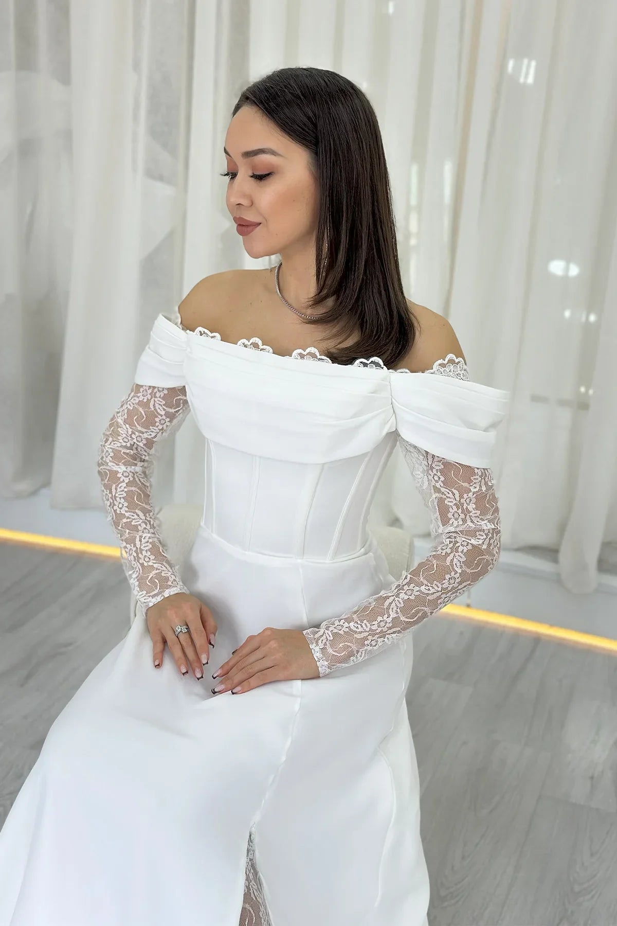 Women's White Lace Sleeve Slit Tasarım Nikah Evening Gown