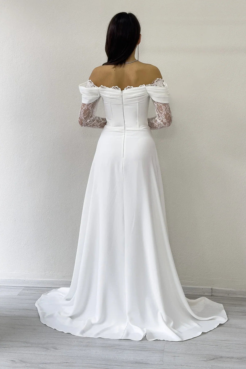 Women's White Lace Sleeve Slit Tasarım Nikah Evening Gown