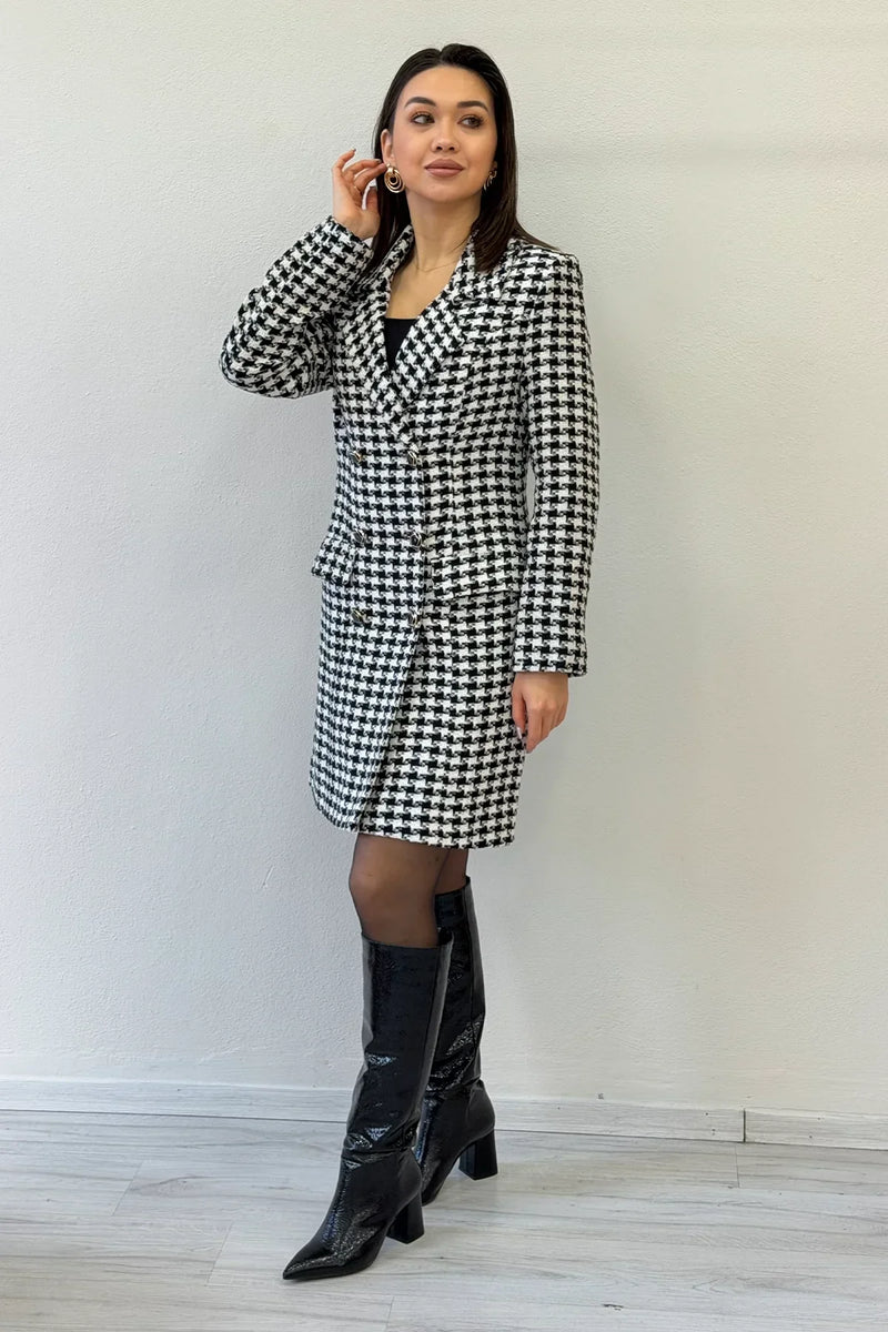 Women's Houndstooth Buttoned Wrap Wool Blend Coat
