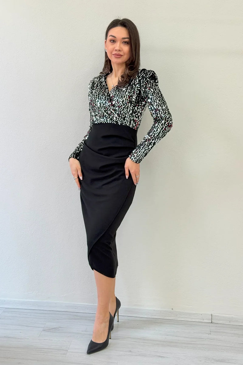 Women's Silver Sequin Wrap Neck Draped Midi Evening Gown