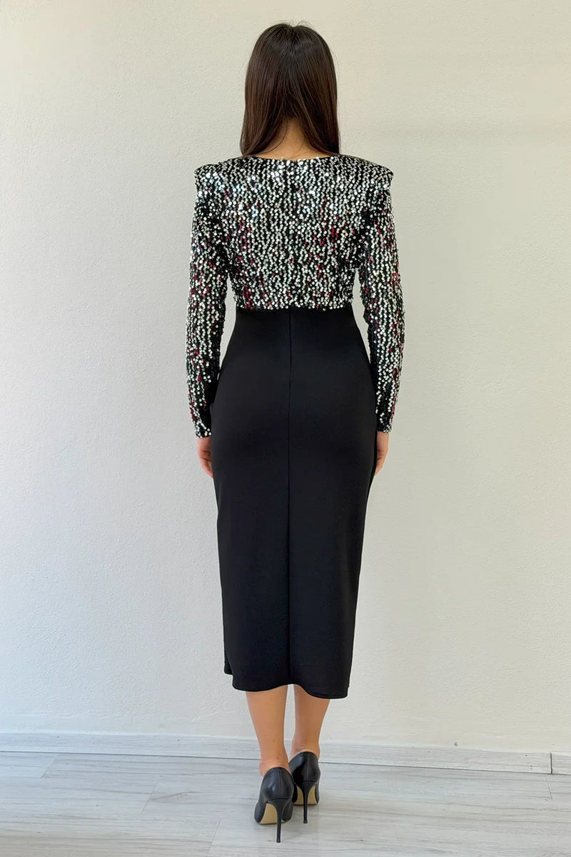 Women's Silver Sequin Wrap Neck Draped Midi Evening Gown