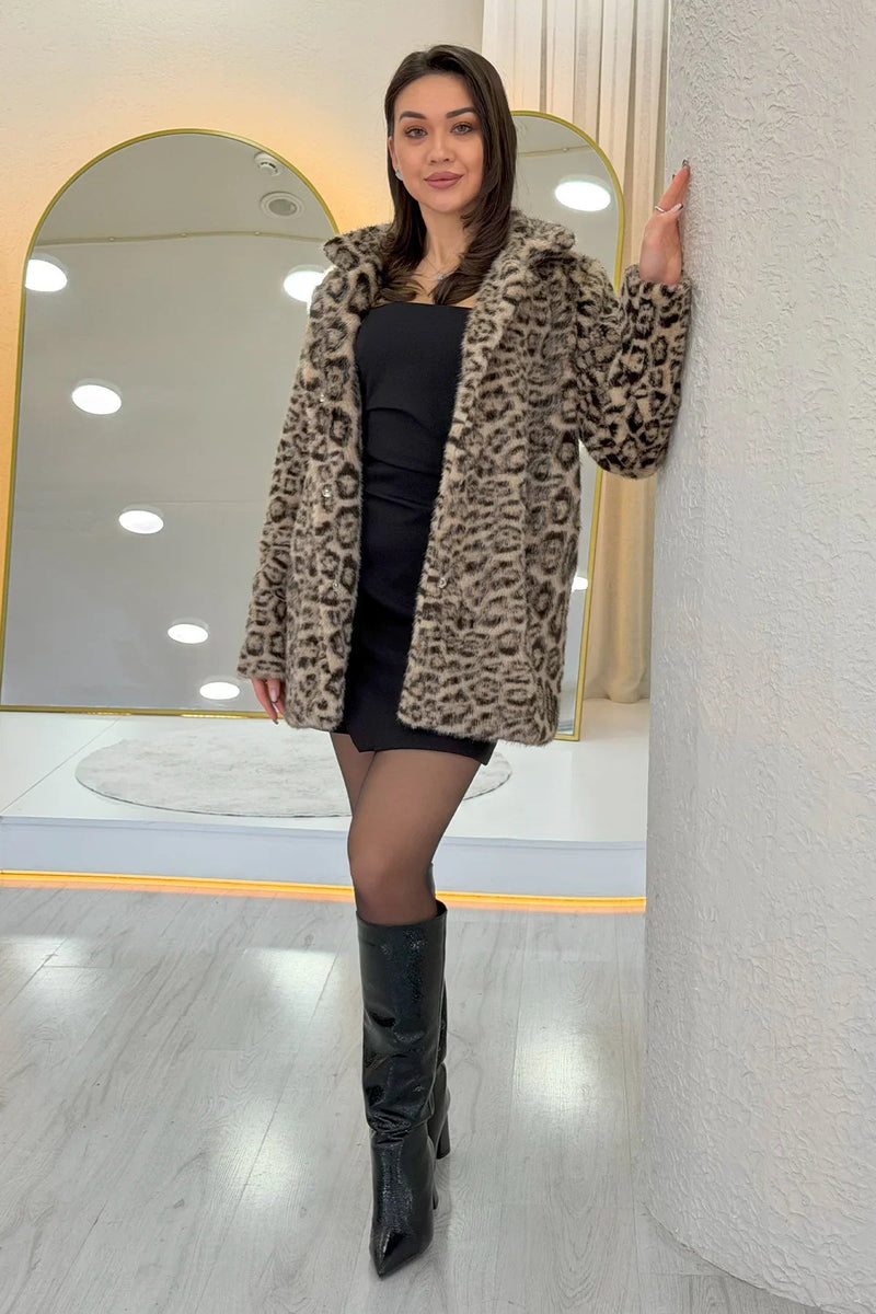 Women's Beige Leopard Print Snap Button Faux Fur
