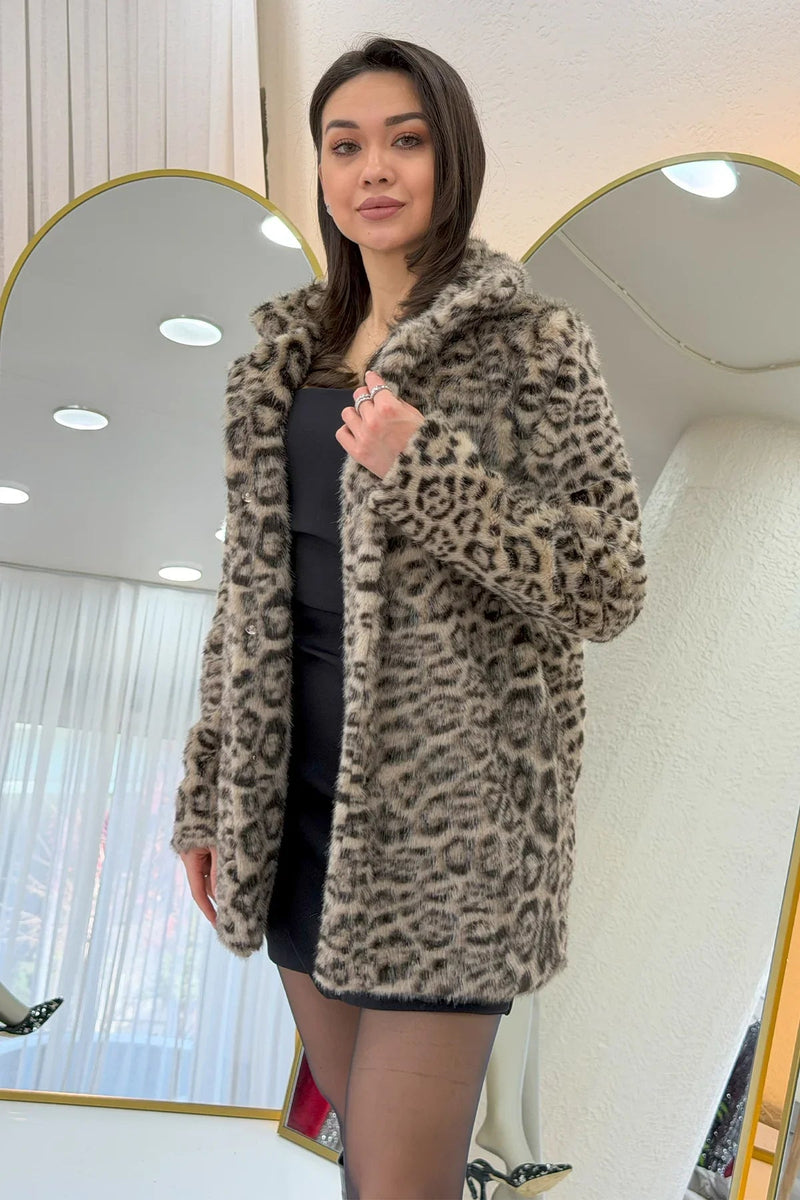 Women's Beige Leopard Print Snap Button Faux Fur