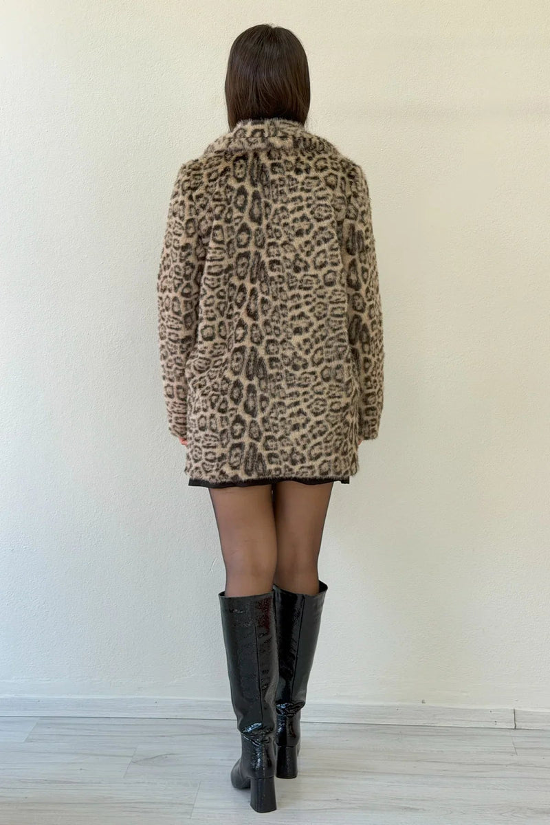 Women's Beige Leopard Print Snap Button Faux Fur