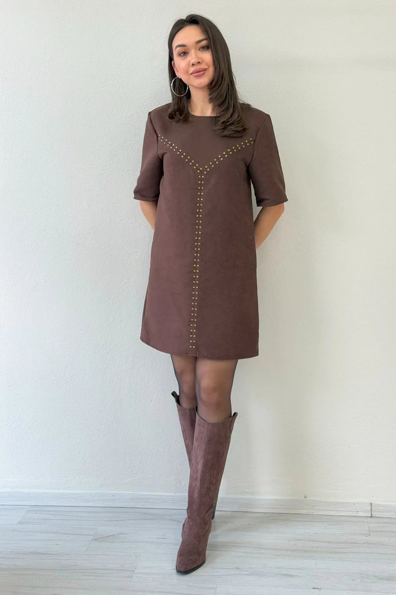 Women's Brown Zımba Detail Suede Mini Dress