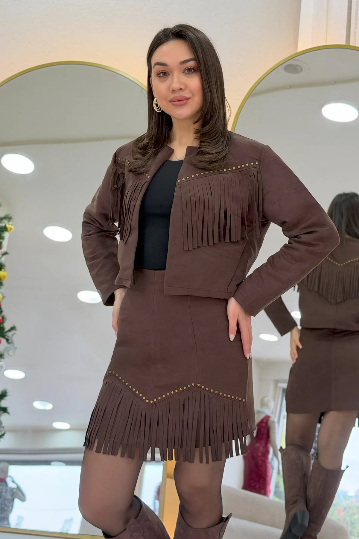 Women's Brown Saçaklı Jacket Skirt İkili Suede Set