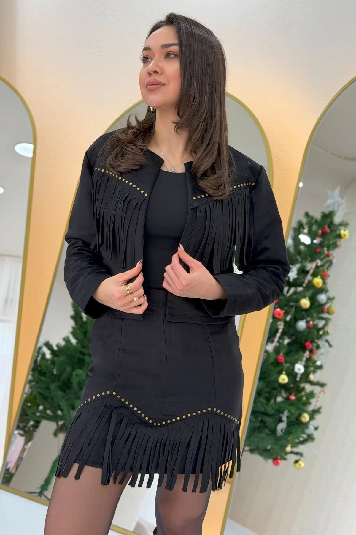 Women's Black Saçaklı Jacket Skirt İkili Suede Set