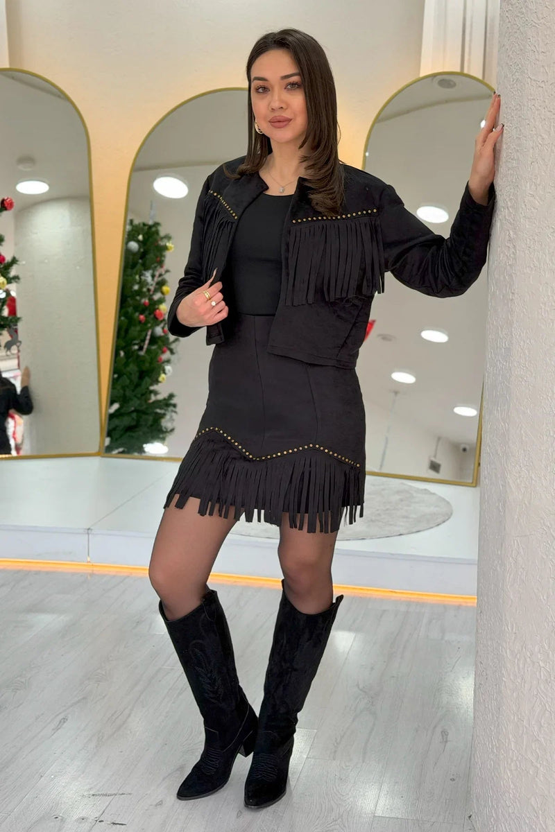 Women's Black Saçaklı Jacket Skirt İkili Suede Set