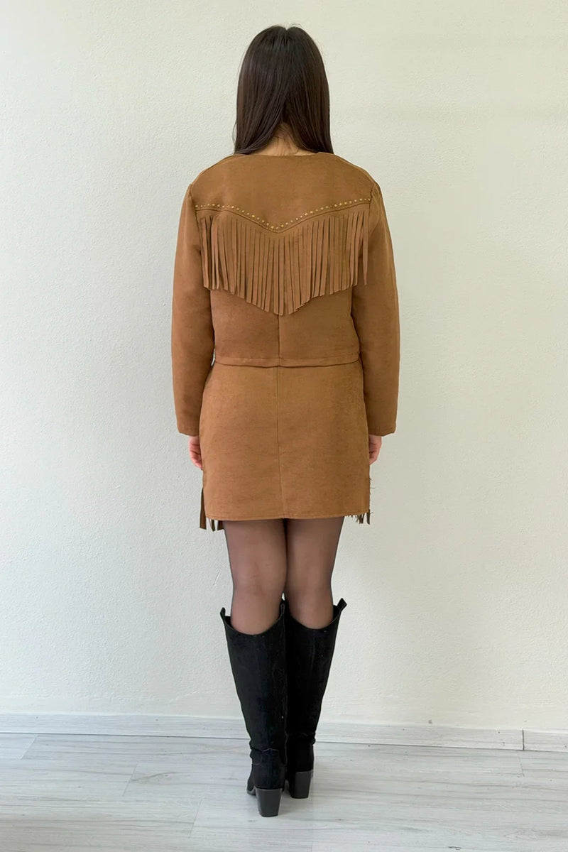 Women's Tan Saçaklı Jacket Skirt İkili Suede Set